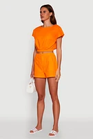 Womens Chic Button Back Keyhole Cropped Blouse, Orange,