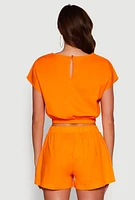 Womens Chic Button Back Keyhole Cropped Blouse, Orange,