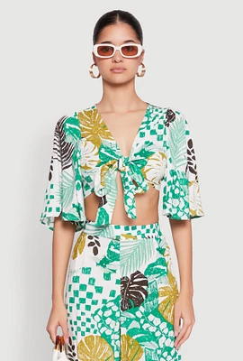 Womens Tropical Print Quarter Sleeve Tie Front Top, Multi, Size M