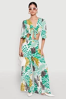Womens Tropical Print Quarter Sleeve Tie Front Top, Multi, Size M