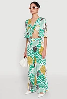 Womens Tropical Print Quarter Sleeve Tie Front Top, Multi, Size M