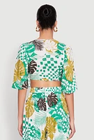Womens Tropical Print Quarter Sleeve Tie Front Top, Multi, Size M