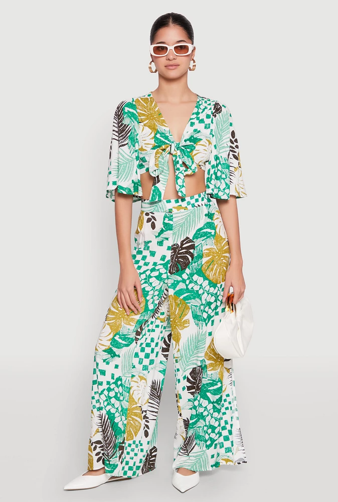 Womens Leaf Print Palazzo Pants, Multi, Size L