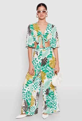 Womens Leaf Print Palazzo Pants, Multi, Size L