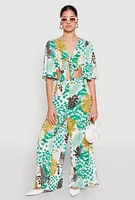 Womens Leaf Print Palazzo Pants, Multi, Size L