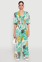 Womens Leaf Print Palazzo Pants, Multi, Size L