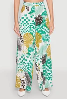 Womens Leaf Print Palazzo Pants, Multi, Size L