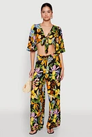Womens Floral Flutter Sleeve Tie Front Crop Top, Multi, Size L