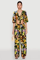 Womens Floral Flutter Sleeve Tie Front Crop Top, Multi, Size XL
