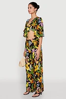 Womens Floral Flutter Sleeve Tie Front Crop Top, Multi, Size XL