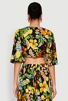 Womens Floral Flutter Sleeve Tie Front Crop Top, Multi, Size XL