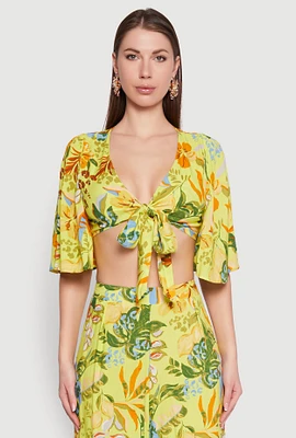 Womens Floral Flutter Sleeve Tie Front Crop Top, Multi, Size L