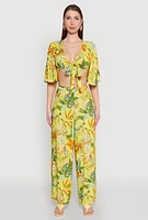 Womens Floral Flutter Sleeve Tie Front Crop Top, Multi,