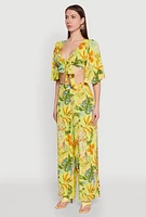 Womens Floral Flutter Sleeve Tie Front Crop Top, Multi,