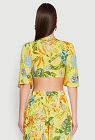 Womens Floral Flutter Sleeve Tie Front Crop Top, Multi,
