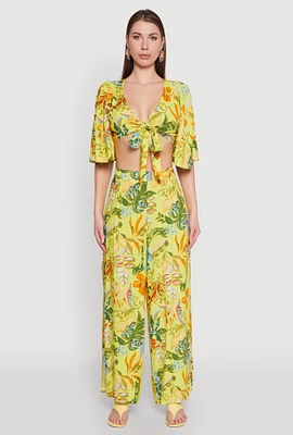 Womens Printed Pattern Wide Leg Palazzo Pants, Yellow, Size L
