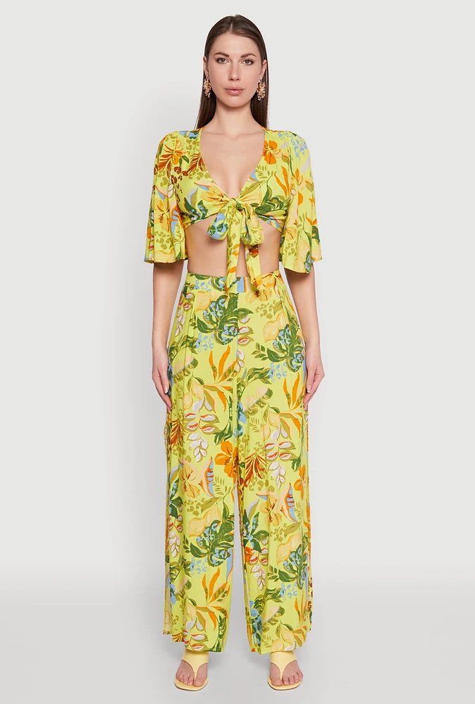 Womens Printed Pattern Wide Leg Palazzo Pants, Yellow, Size M