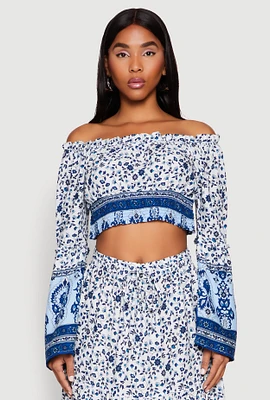 Womens Off The Shoulder Smocked Peasant Top, Blue, Size S