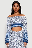 Womens Off The Shoulder Smocked Peasant Top, Blue, Size S