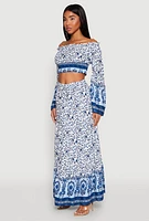 Womens Off The Shoulder Smocked Peasant Top, Blue, Size S