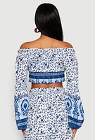 Womens Off The Shoulder Smocked Peasant Top, Blue, Size S
