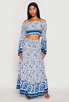 Womens Gauze Knit Floral Border Print Maxi Skirt, Blue, Size XL