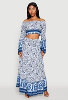 Womens Gauze Knit Floral Border Print Maxi Skirt, Blue,