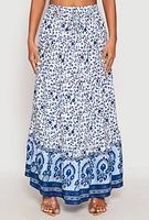 Womens Gauze Knit Floral Border Print Maxi Skirt, Blue, Size XL