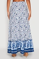 Womens Gauze Knit Floral Border Print Maxi Skirt, Blue,