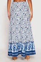 Womens Gauze Knit Floral Border Print Maxi Skirt, Blue, Size XL