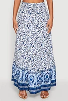 Womens Gauze Knit Floral Border Print Maxi Skirt, Blue,