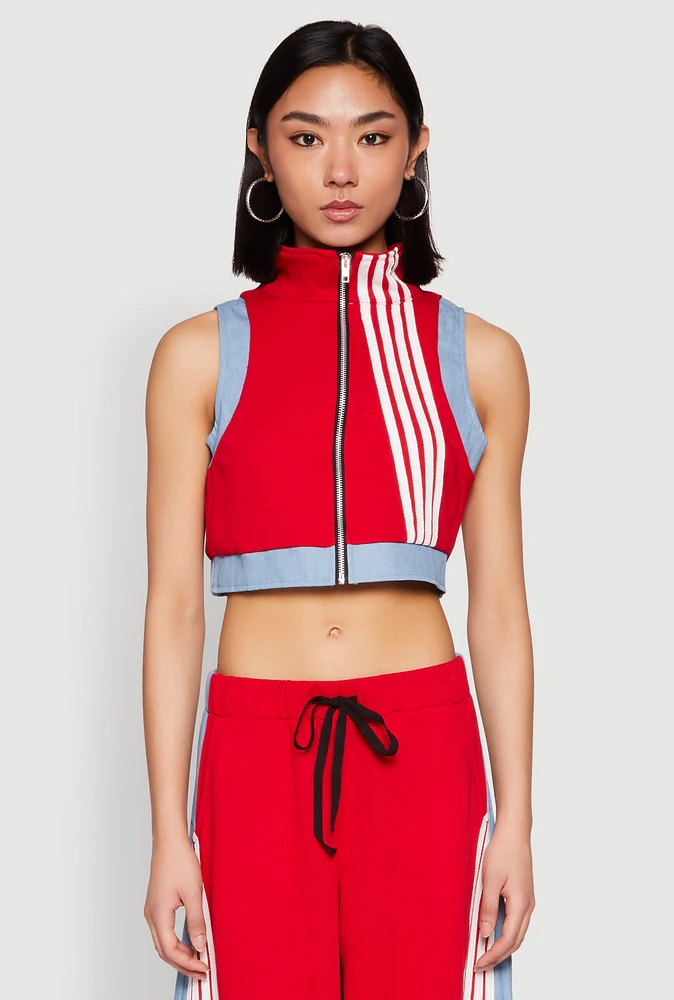 Womens Denim Contrast Trim Crop Top, Red, Size M