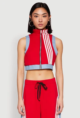 Womens Denim Contrast Trim Crop Top, Red, Size M