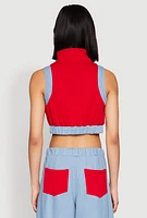 Womens Denim Contrast Trim Crop Top, Red, Size M