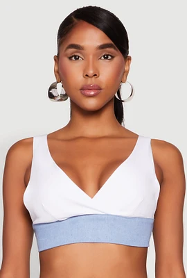 Womens Denim Contrast Trim Bralette, White, Size L