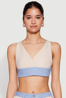 Womens Denim Contrast Trim Bralette, Beige, Size L