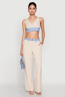 Womens Denim Contrast Trim Bralette, Beige, Size L