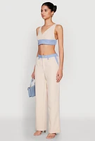Womens Denim Contrast Trim Bralette, Beige, Size L