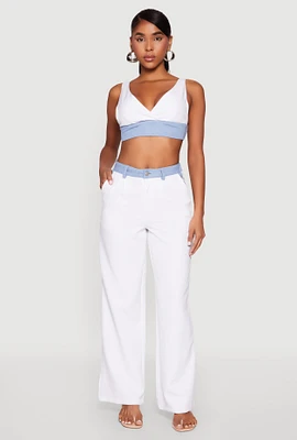 Womens Denim Trim High Waisted Pants, White,