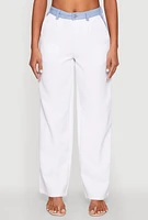 Womens Denim Trim High Waisted Pants, White,