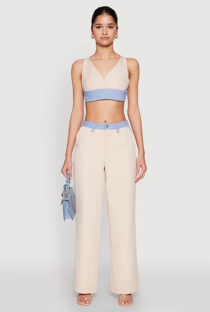 Womens Denim Trim High Waisted Pants,