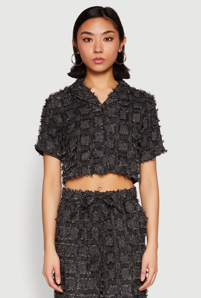 Womens Spoon Jeans Plaid Frayed Cropped Shirt,