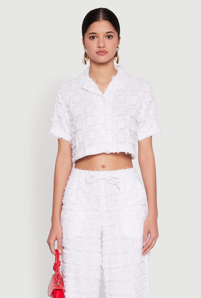 Womens Spoon Jeans Plaid Frayed Cropped Shirt, White, Size L
