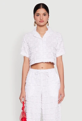 Womens Spoon Jeans Plaid Frayed Cropped Shirt, White, Size L
