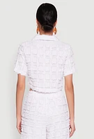 Womens Spoon Jeans Plaid Frayed Cropped Shirt, White, Size L