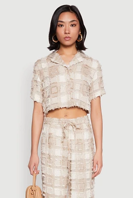 Womens Spoon Jeans Plaid Frayed Cropped Shirt, Beige,