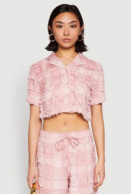 Womens Spoon Jeans Plaid Frayed Cropped Shirt, Pink, Size S