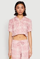 Womens Spoon Jeans Plaid Frayed Cropped Shirt, Pink, Size S