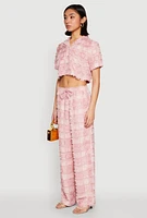 Womens Spoon Jeans Plaid Frayed Cropped Shirt, Pink, Size S