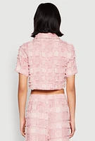 Womens Spoon Jeans Plaid Frayed Cropped Shirt, Pink, Size S